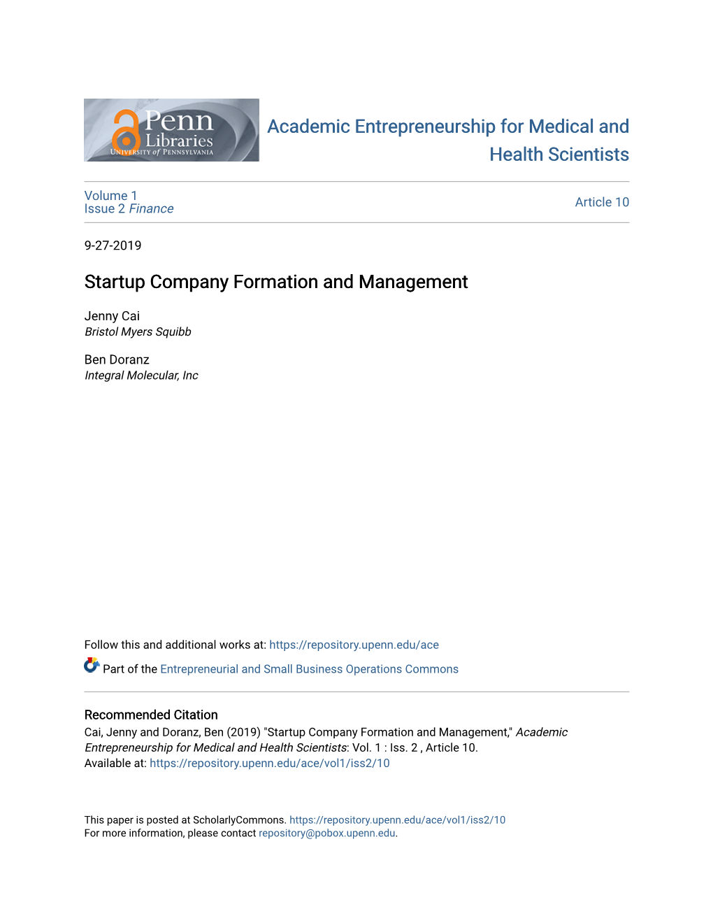 Startup Company Formation and Management