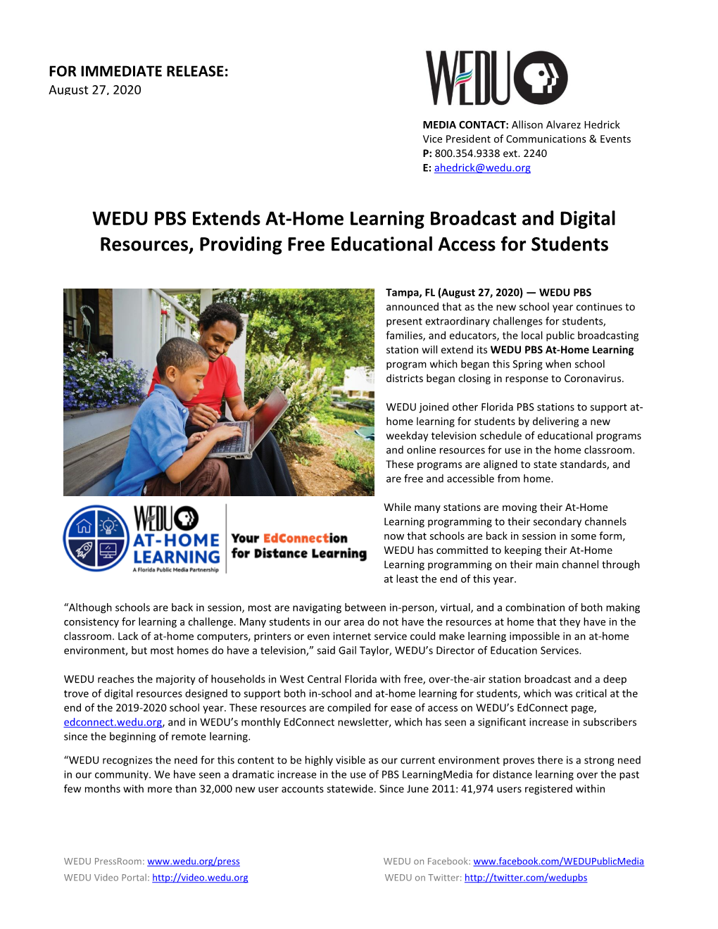 WEDU PBS Extends At-Home Learning Broadcast and Digital Resources, Providing Free Educational Access for Students