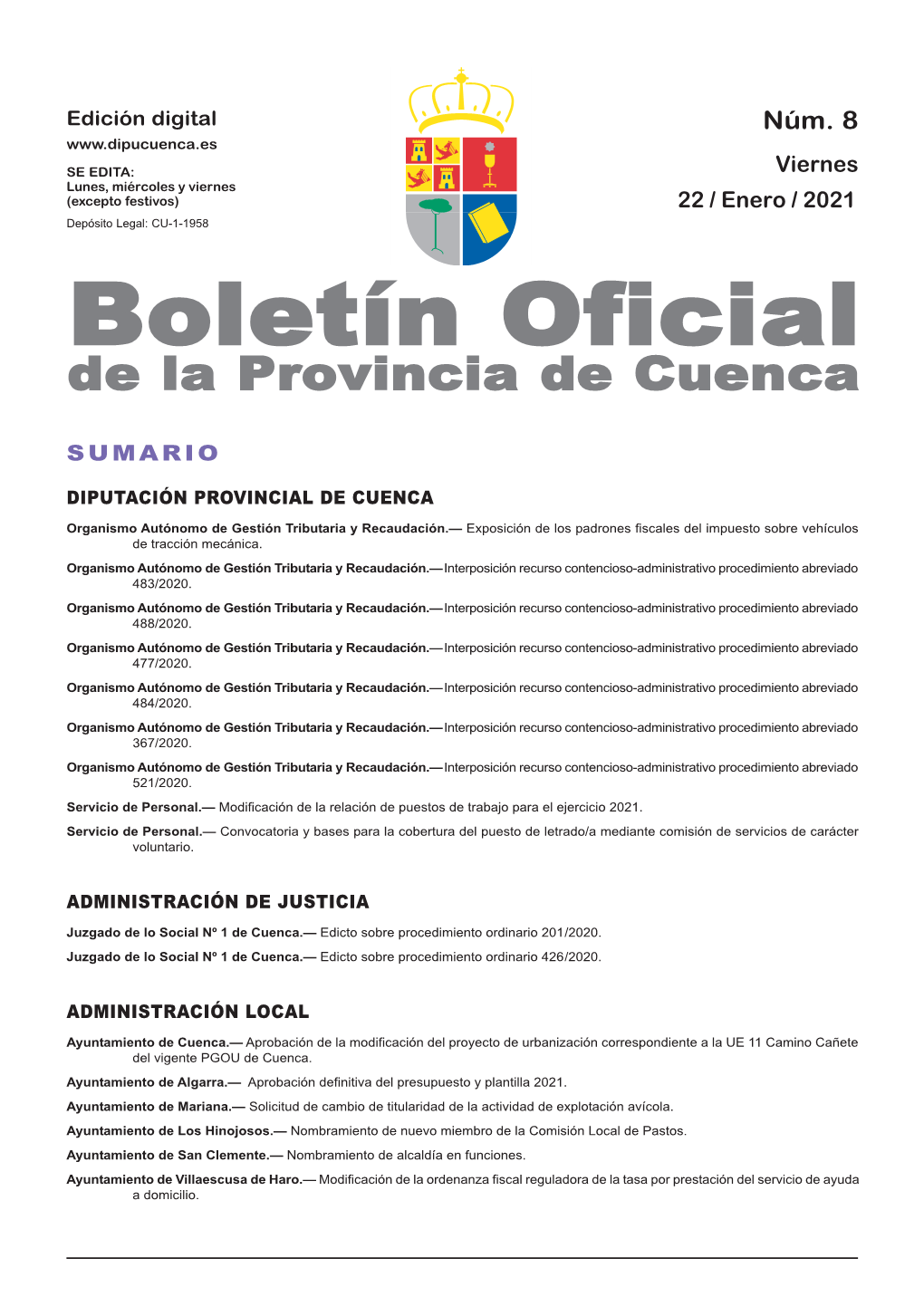 Boletín Oficial De La Provincia De Cuenca Sumario Diputación Provincial De Cuenca