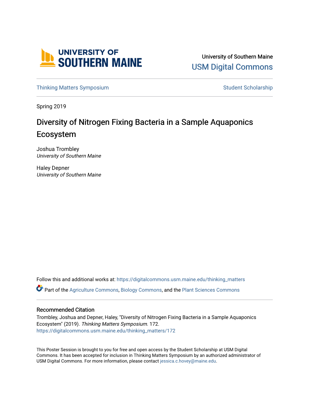 Diversity of Nitrogen Fixing Bacteria in a Sample Aquaponics Ecosystem