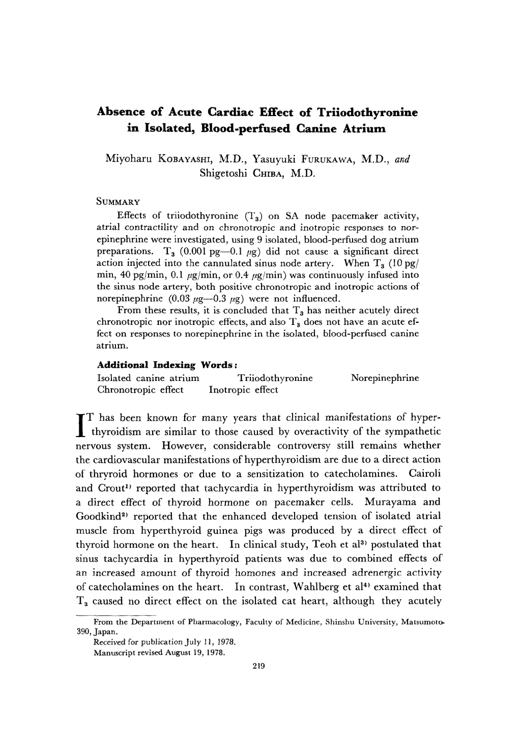 Absence of Acute Cardiac Effect of Triiodothyronine in Isolated, Blood-Perfused Canine Atrium