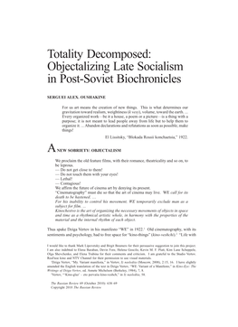 Totality Decomposed: Objectalizing Late Socialism in Postsoviet