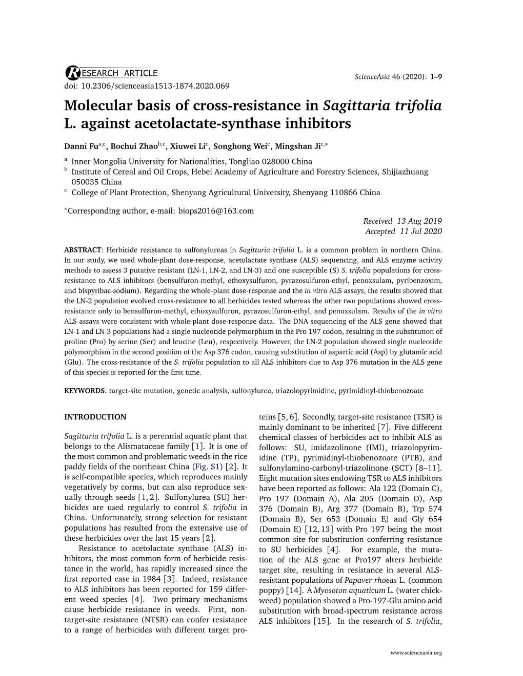 Molecular Basis of Cross-Resistance in Sagittaria Trifolia L. Against Acetolactate-Synthase Inhibitors