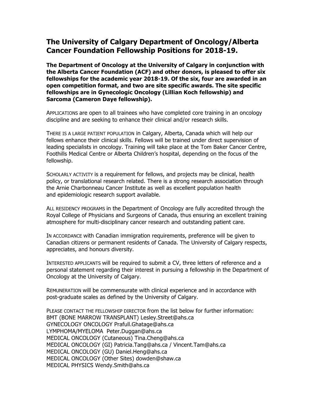 The University of Calgary Department of Oncology/Alberta Cancer Foundation Fellowship Positions for 2018-19