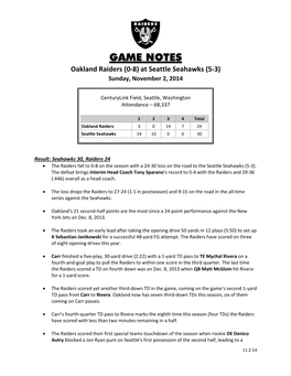 GAME NOTES Oakland Raiders (0-8) at Seattle Seahawks (5-3) Sunday, November 2, 2014