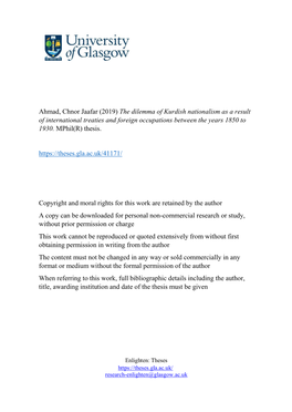 Ahmad, Chnor Jaafar (2019) the Dilemma of Kurdish Nationalism As a Result of International Treaties and Foreign Occupations Between the Years 1850 to 1930