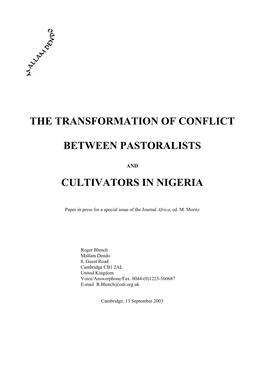 The Transformation of Conflict Between Pastoralists and Cultivators in Nigeria