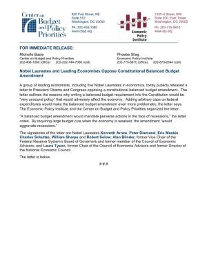 FOR IMMEDIATE RELEASE: Nobel Laureates and Leading Economists Oppose Constitutional Balanced Budget Amendment