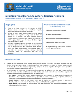 Situation Report for Acute Watery Diarrhea/ Cholera Epidemiological Week 9 (27 February – 5 March 2017)