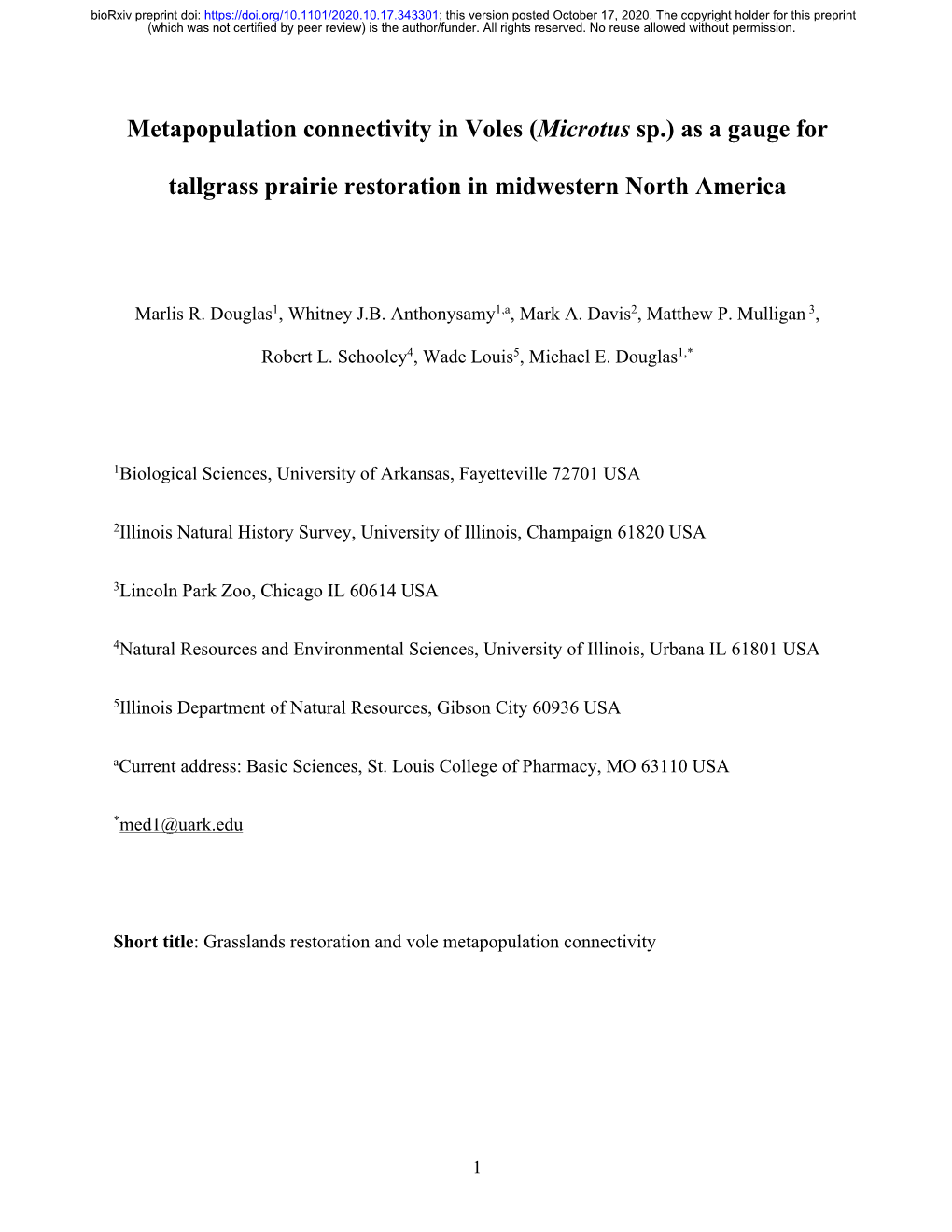 Metapopulation Connectivity in Voles (Microtus Sp.) As a Gauge For