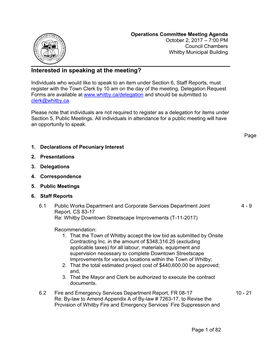 Operations Committee Meeting Agenda October 2, 2017 – 7:00 PM Council Chambers Whitby Municipal Building