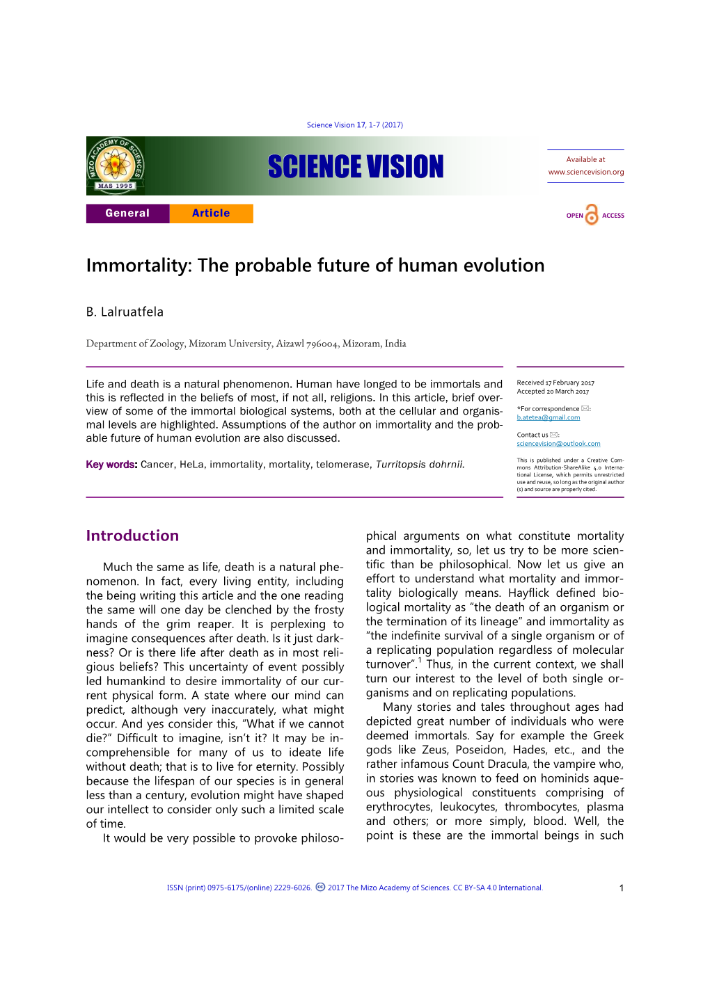 Immortality: the Probable Future of Human Evolution