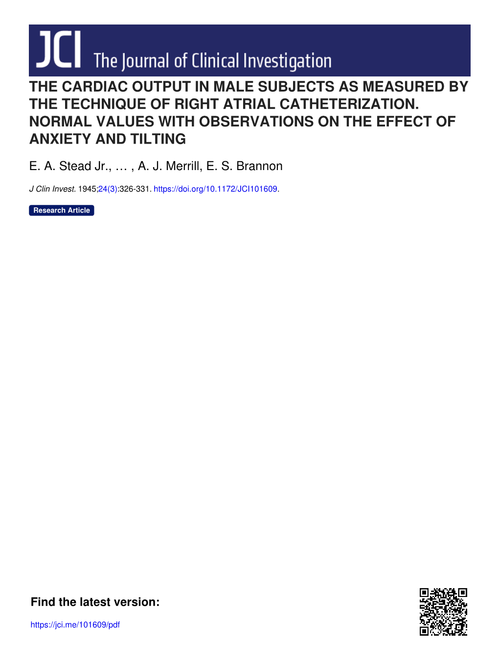 The Cardiac Output in Male Subjects As Measured by the Technique of Right Atrial Catheterization