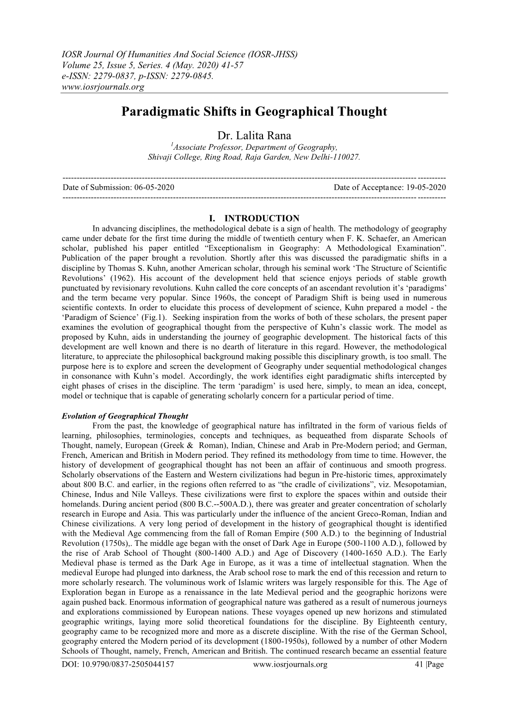 Paradigmatic Shifts in Geographical Thought