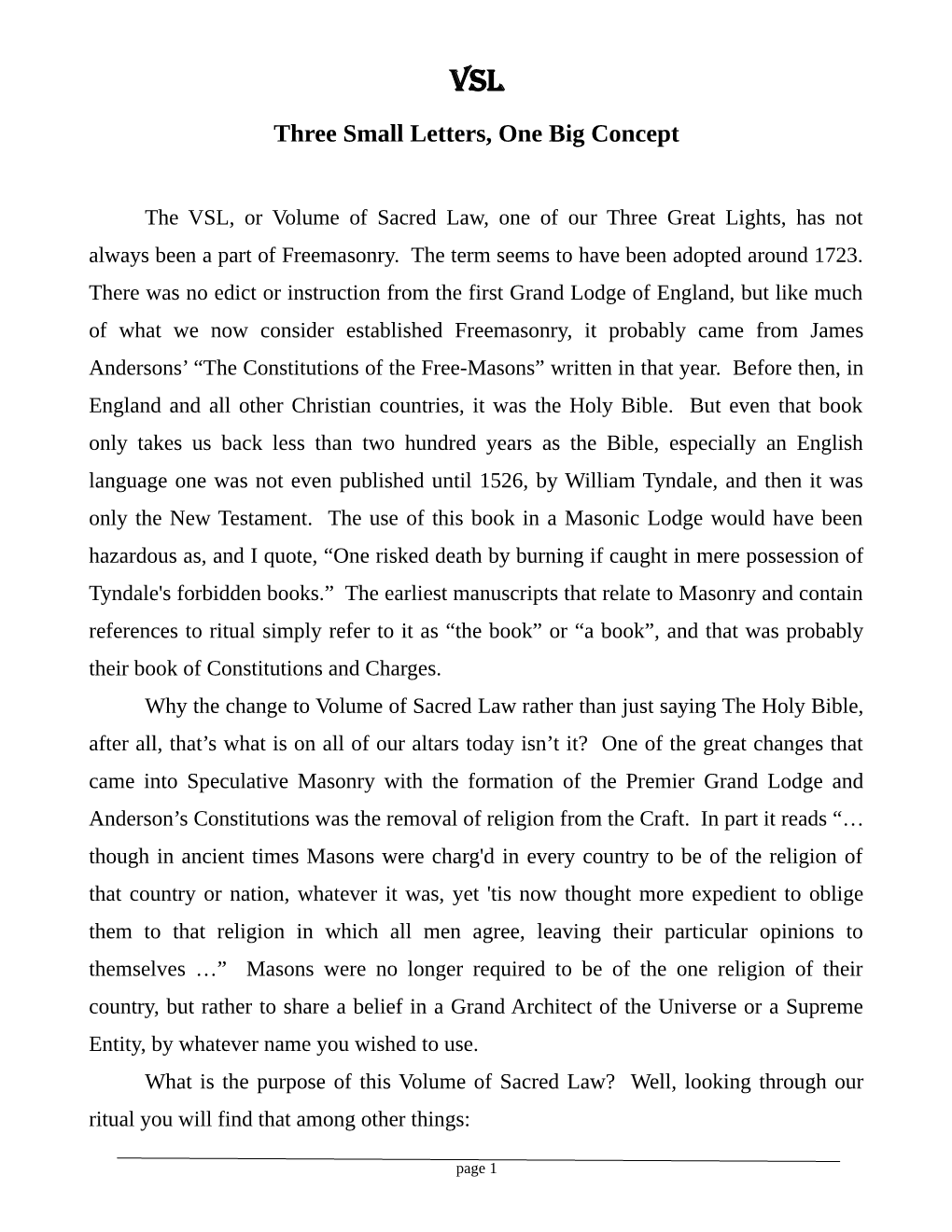 The Volume of Sacred Law (VSL)