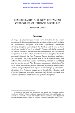 LEXICOGRAPHY and NEW TESTAMENT CATEGORIES of CHURCH DISCIPLINE Andrew D