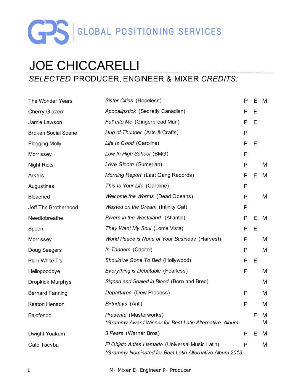 Joe Chiccarelli Selected Producer, Engineer & Mixer Credits