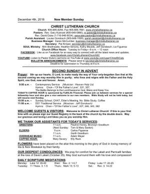 CHRIST LUTHERAN CHURCH Church: 905-685-8294, Fax 905-685-7661, Pastors: Rev