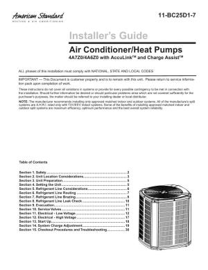 American Standard Installer's Guide Air Conditioner Heat Pump 4A7Z0