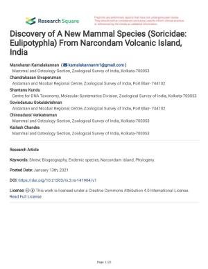 Discovery of a New Mammal Species (Soricidae: Eulipotyphla) from Narcondam Volcanic Island, India