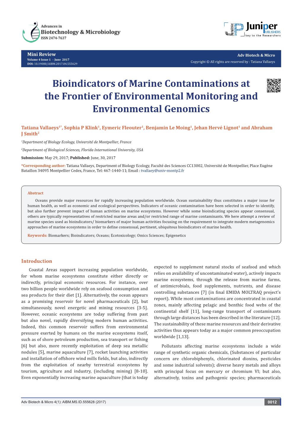 Bioindicators of Marine Contaminations at the Frontier of Environmental Monitoring and Environmental Genomics