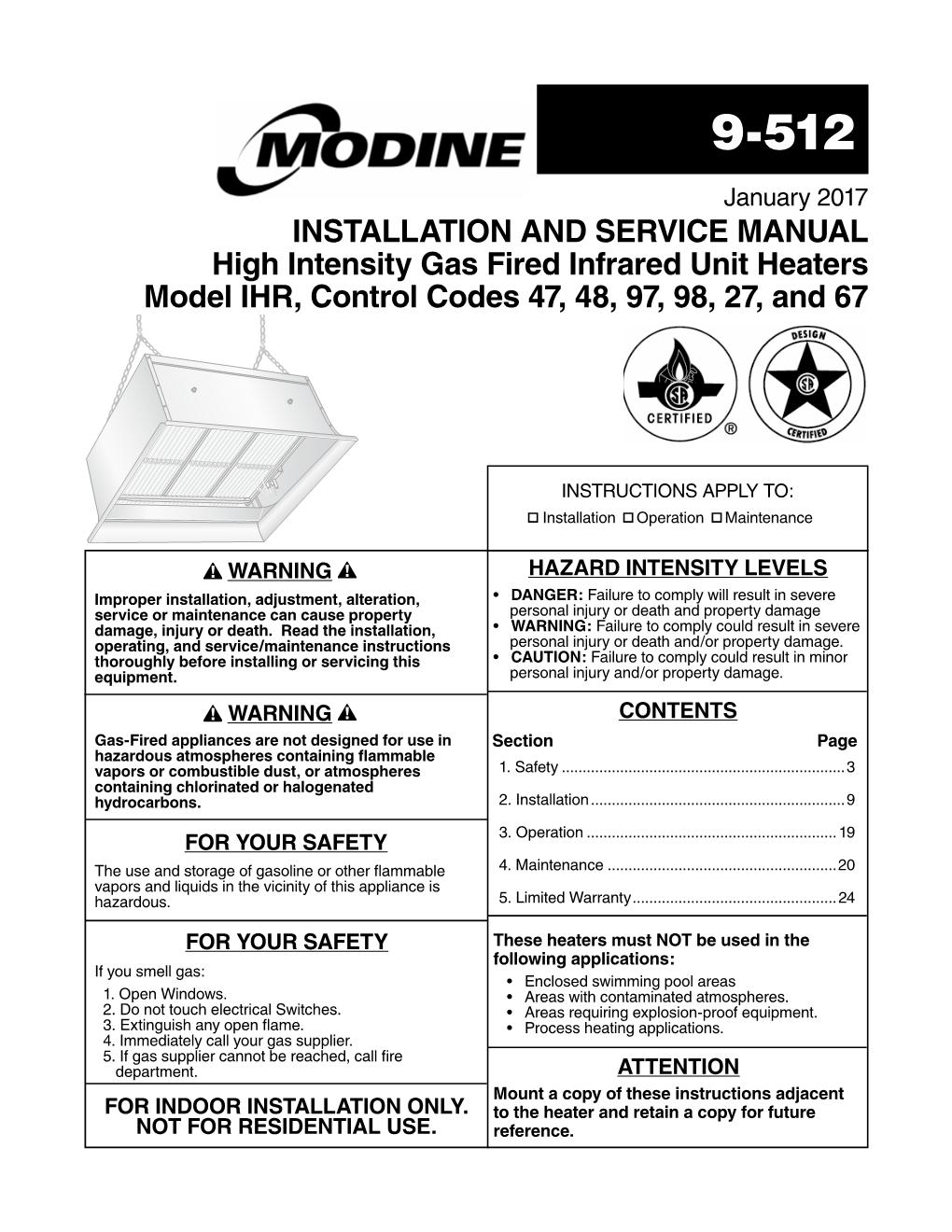 High Intensity Gas Fired Infrared Unit Heaters Model IHR, Control Codes 47, 48, 97, 98, 27, and 67