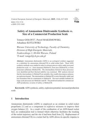 Safety of Ammonium Dinitramide Synthesis Vs. Size of a Commercial