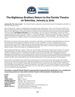 The Righteous Brothers Return to the Florida Theatre on Saturday, January 9, 2021