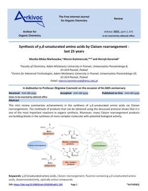 Synthesis of Y,Δ-Unsaturated Amino Acids by Claisen Rearrangement - Last 25 Years