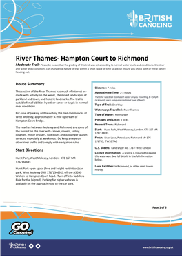 River Thames- Hampton Court to Richmond Moderate Trail: Please Be Aware That the Grading of This Trail Was Set According to Normal Water Levels and Conditions
