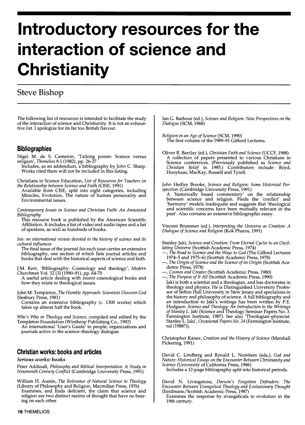 Introductory Resources for the Interaction of Science and Christianity
