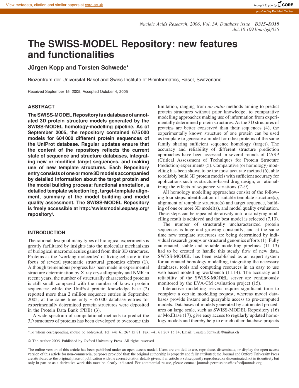 The SWISS-MODEL Repository: New Features and Functionalities Ju¨ Rgen Kopp and Torsten Schwede*