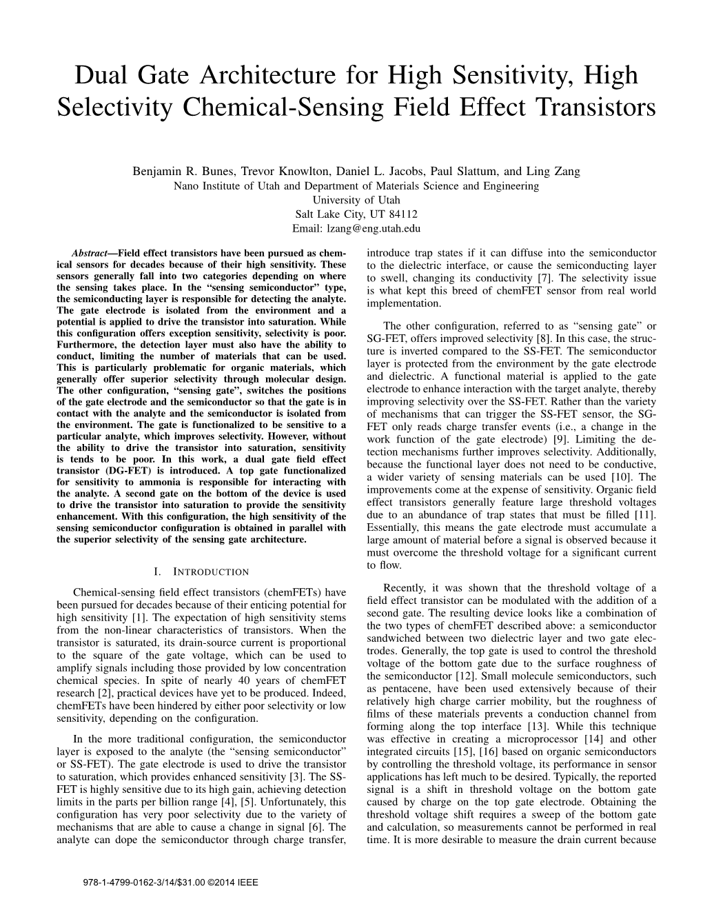 Dual Gate Architecture for High Sensitivity, High Selectivity Chemical-Sensing Field Effect Transistors