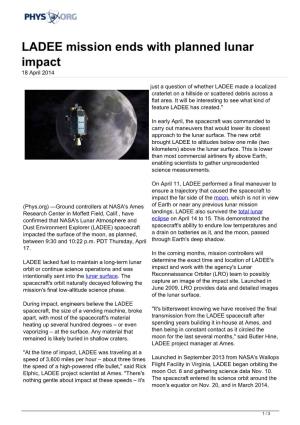 LADEE Mission Ends with Planned Lunar Impact 18 April 2014