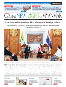State Counsellor Receives Thai Minister of Foreign Affairs Natural Strategic Partnership, Myanmar Migrant Workers, Second Friendship Bridge Among Issues Discussed