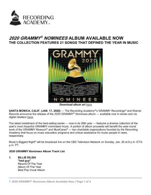 2020 Grammy® Nominees Album Available Now the Collection Features 21 Songs That Defined the Year in Music