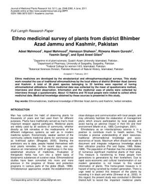 Ethno Medicinal Survey of Plants from District Bhimber Azad Jammu and Kashmir, Pakistan