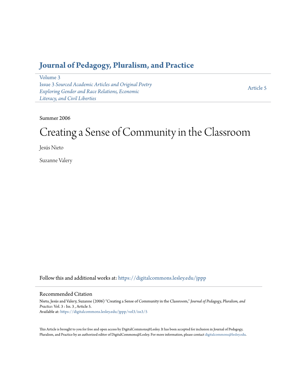 Creating a Sense of Community in the Classroom Jesús Nieto