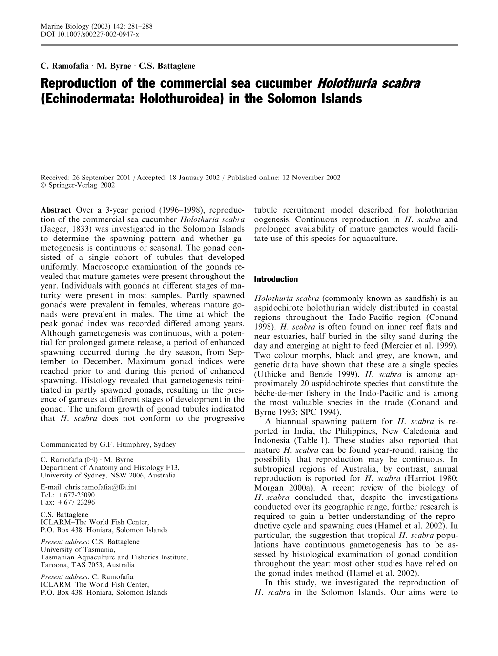 Reproduction of the Commercial Sea Cucumber Holothuria Scabra (Echinodermata: Holothuroidea) in the Solomon Islands