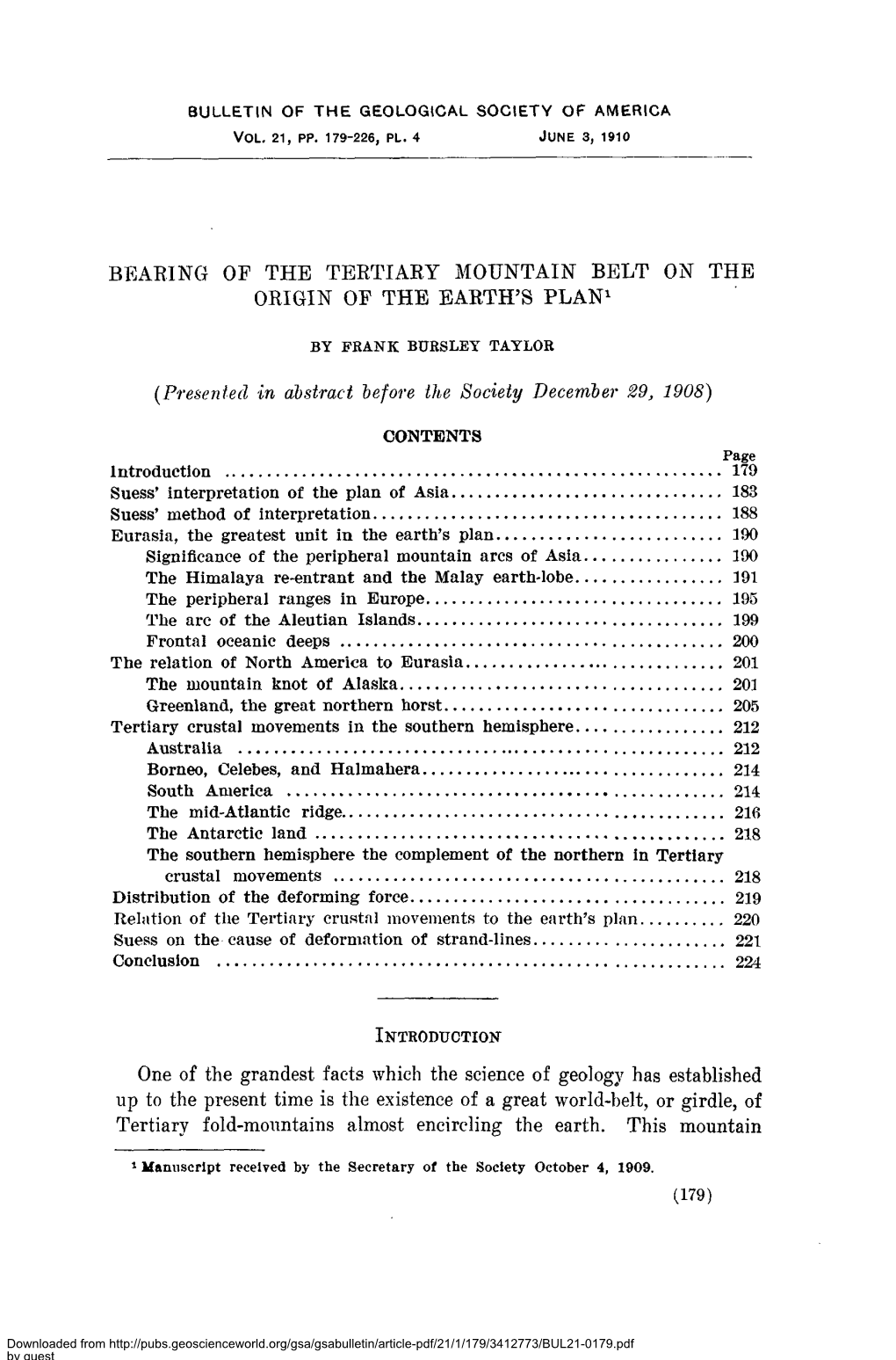 Bearing of the Tertiary Mountain Belt on the Origin of the Earth’S Plan1