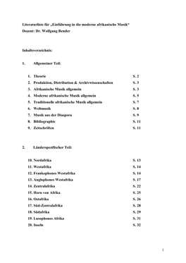 1 Literaturliste Für „Einführung in Die Moderne Afrikanische Musik“