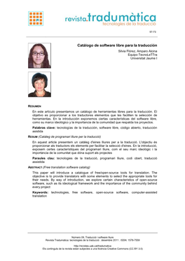 Catálogo De Software Libre Para La Traducción Silvia Flórez, Amparo Alcina Equipo Tecnolettra Universitat Jaume I