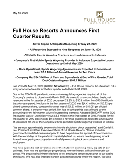 Full House Resorts Announces First Quarter Results