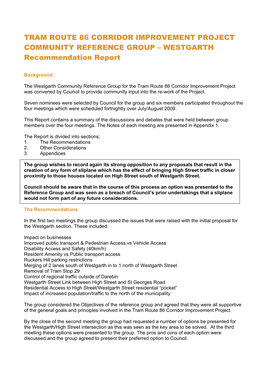 TRAM ROUTE 86 CORRIDOR IMPROVEMENT PROJECT COMMUNITY REFERENCE GROUP – WESTGARTH Recommendation Report