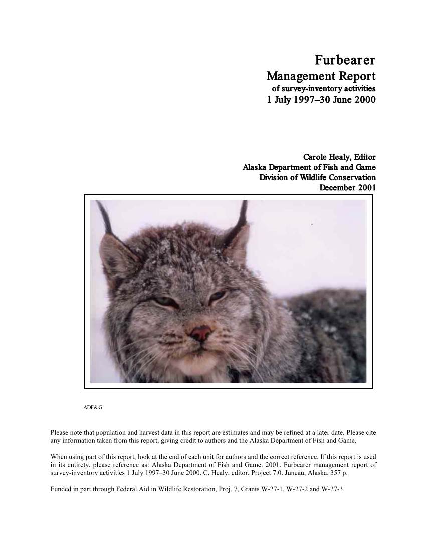 Furbearer Management Report of Survey-Inventory Activities 1 July 1997–30 June 2000