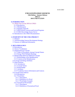 UMLS KNOWLEDGE SOURCES 14Th Edition - January Release 2003AA DOCUMENTATION
