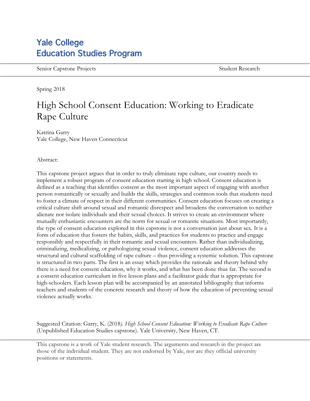 High School Consent Education: Working to Eradicate Rape Culture
