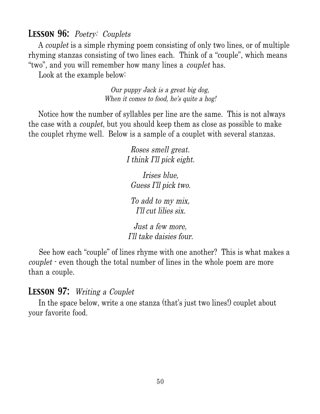 Lesson 96: Poetry: Couplets a Couplet Is a Simple Rhyming Poem Consisting of Only Two Lines, Or of Multiple Rhyming Stanzas Consisting of Two Lines Each