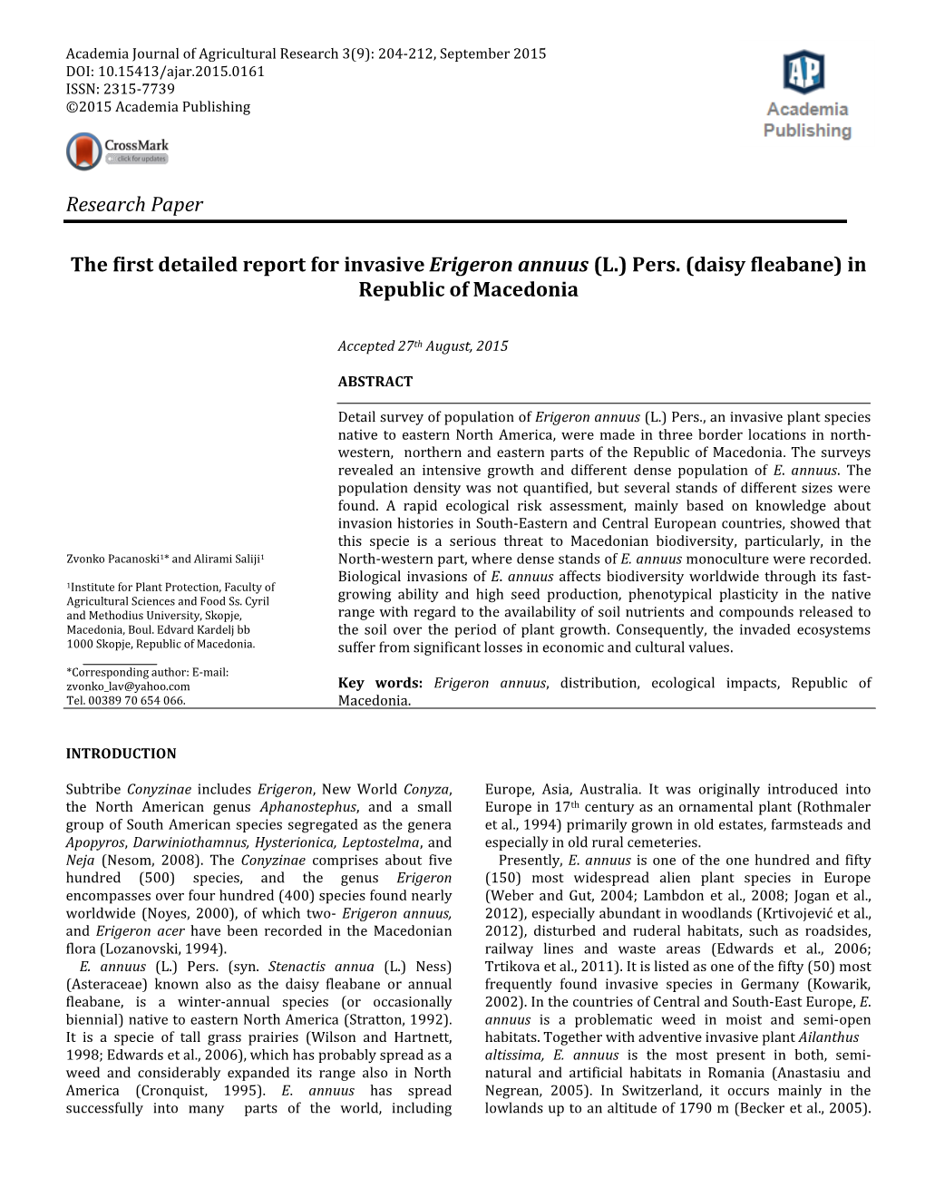 Research Paper the First Detailed Report for Invasive Erigeron Annuus