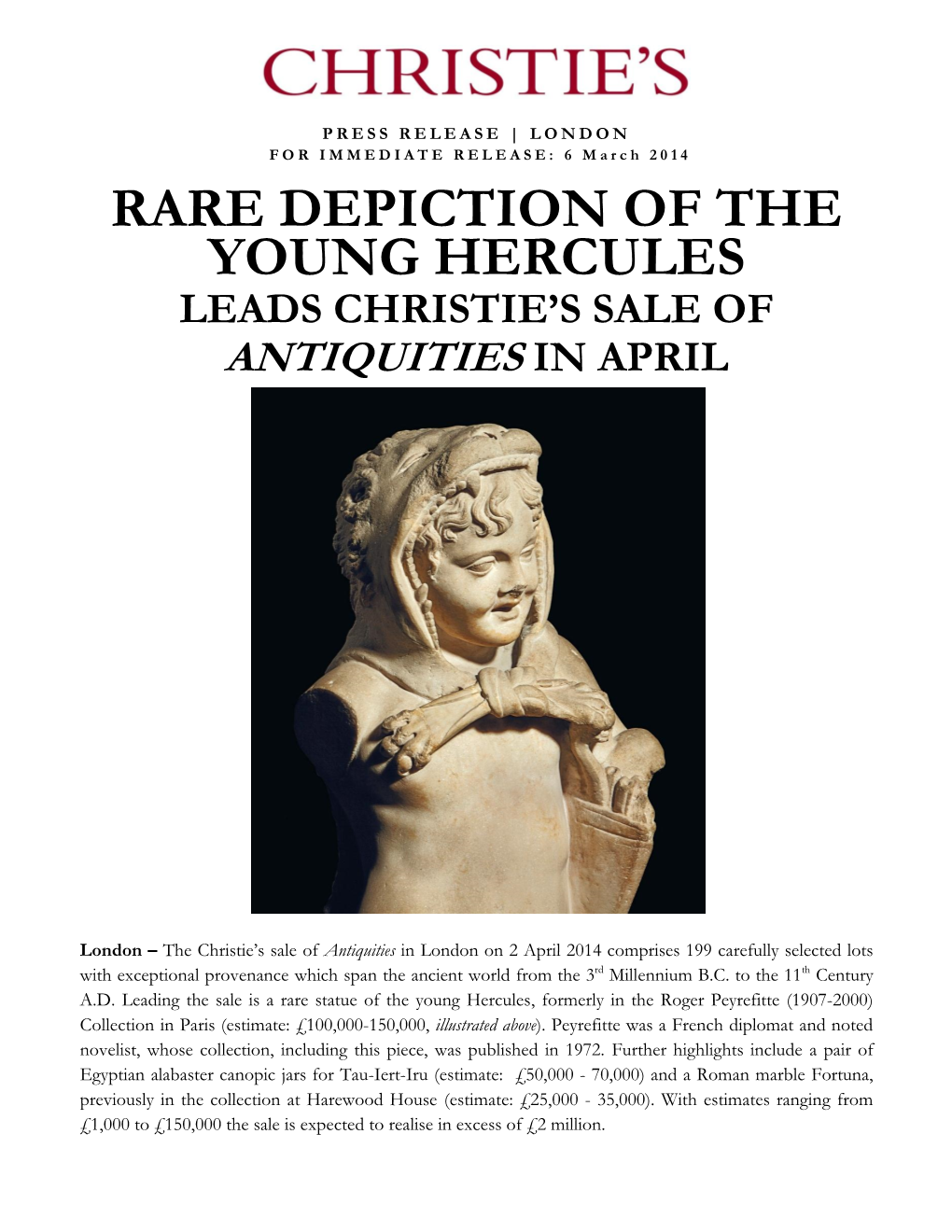 Rare Depiction of the Young Hercules Leads Christie’S Sale of Antiquities in April
